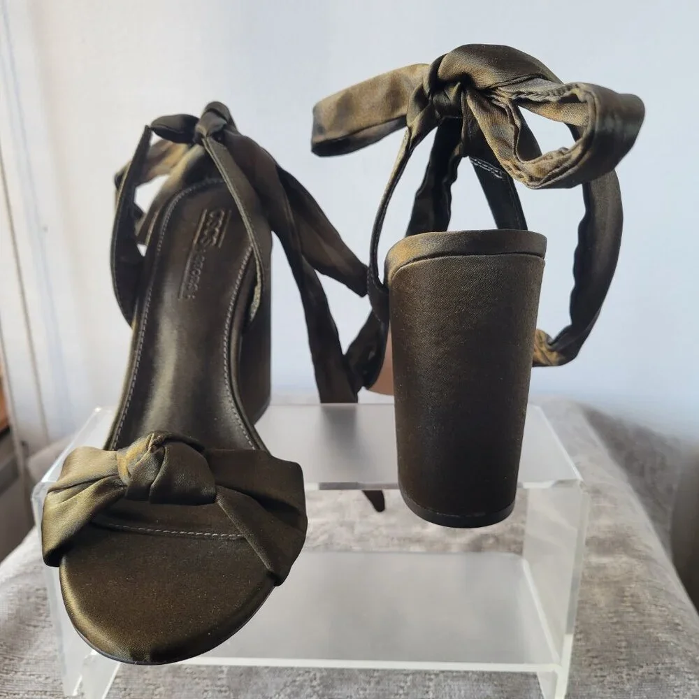 (NWT) ASOS Olive Green Satin Ankle Strap Block Heels Shoes (Size: 8) - Picture 7 of 10